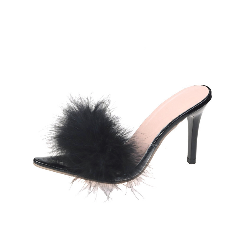 New European And American Style Plus-Size Pointed-Toe High-Heeled Slippers For Women, With Thin Heels, Fashionable Furry Open-Toe Fashion Sandals