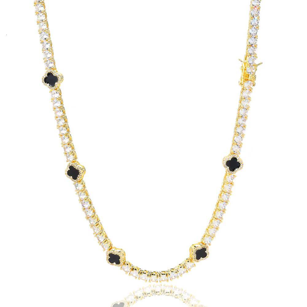 Hip Hop Fashion Jewelry 925 Silver 4mm Iced Moissanite Link Chain Black Four Leaf Clover Necklace Gift for Men Women