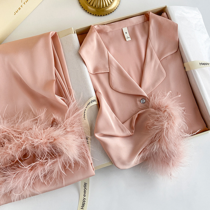 Luxury Brand Designer Womens Removable Feather Ice Silk Satin Pajama Set Long Loungewear Wearable Outside Comfortable Versatile Stylish Chic Premium E