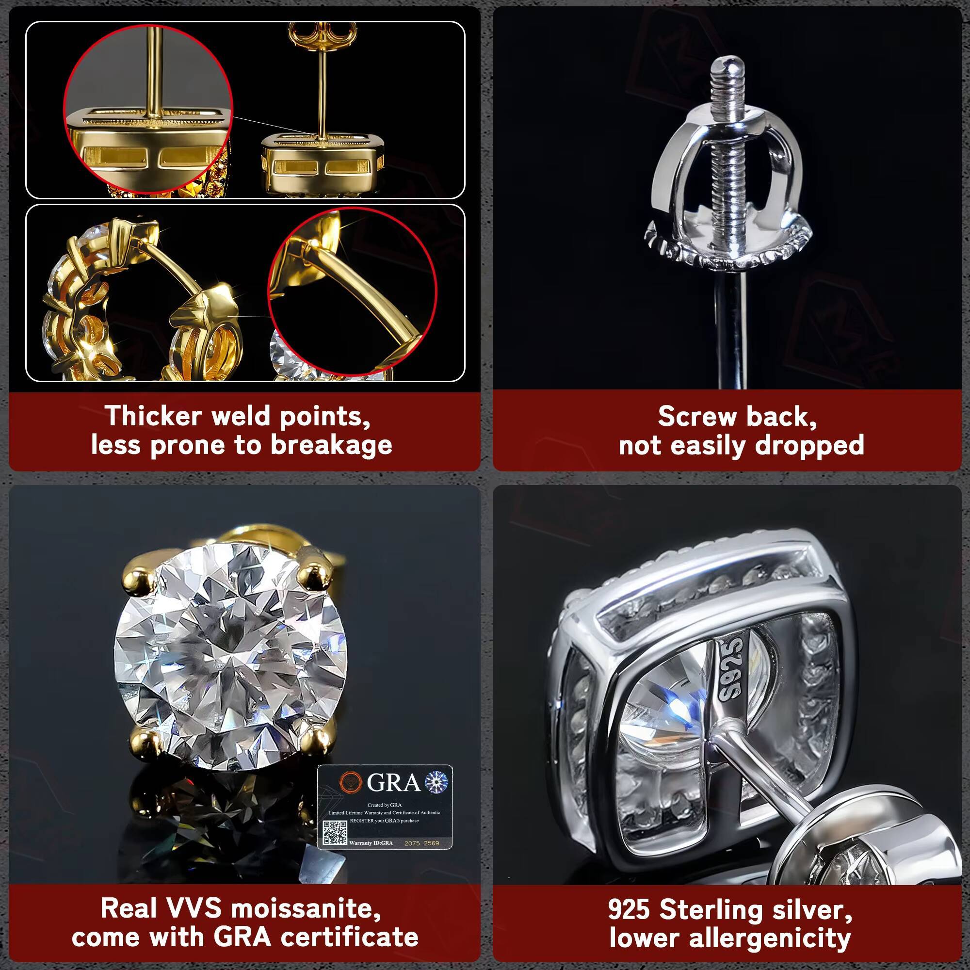 USA Stock Moissanite Stud Earrings Hiphop Jewelry Vvs Iced Out 925 Silver Big Round Moissanite Earrings