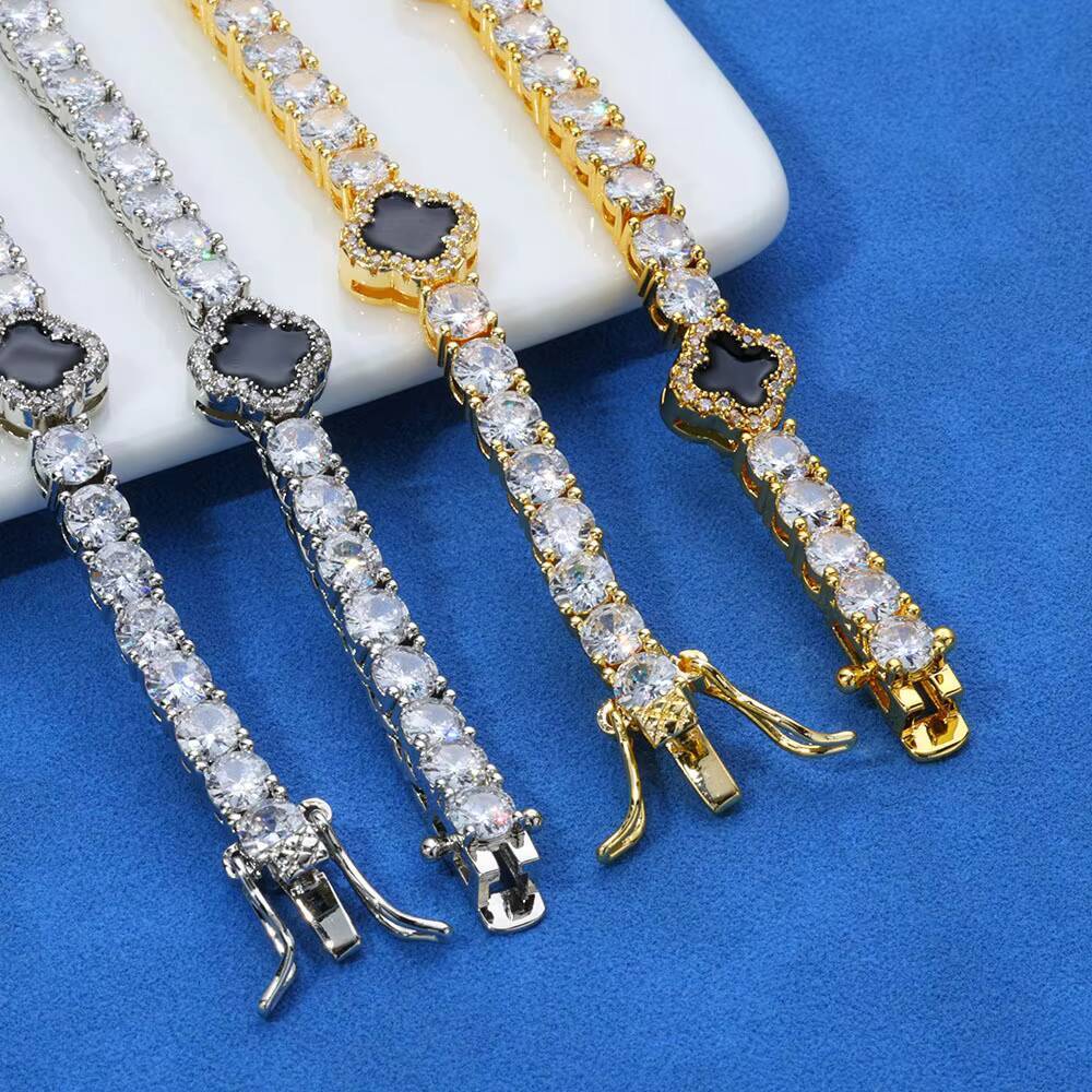 Hip Hop Fashion Jewelry 925 Silver 4mm Iced Moissanite Link Chain Black Four Leaf Clover Necklace Gift for Men Women