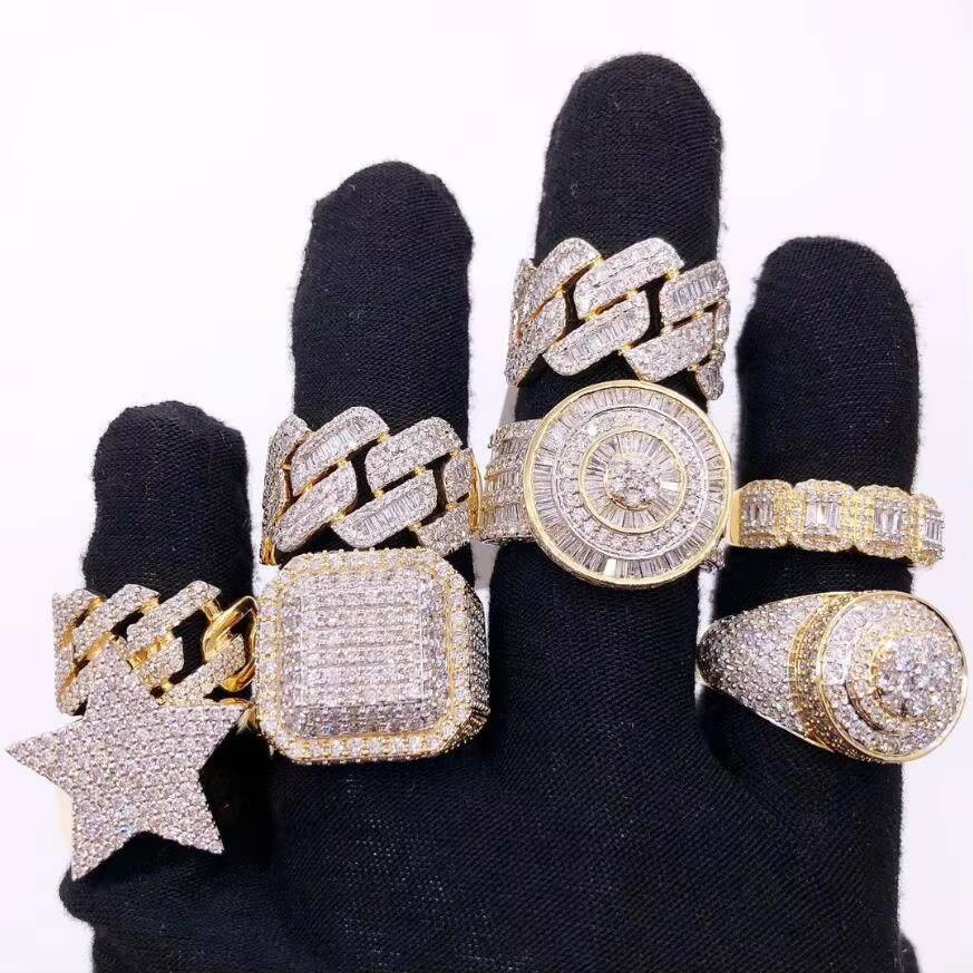 Iced Out Moissanite Cuban Link Ring Hiphop Cuban 925 Sterling Silver Baguette Moissanite Ring Men