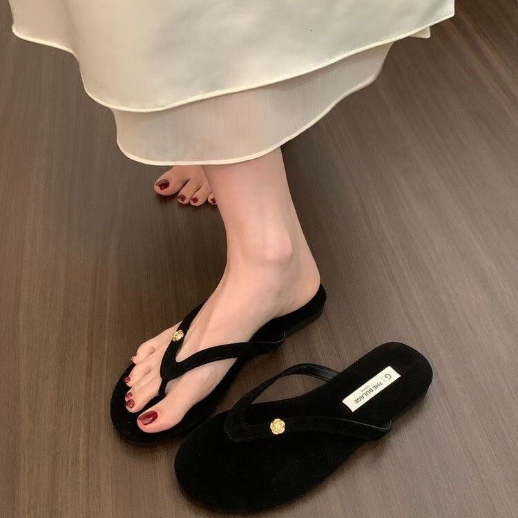 Women Brown Suede Gold Flower Decor Flip Flops, Casual Flat Sole Thong Slippers Summer Outdoor Beach Slide Sandals