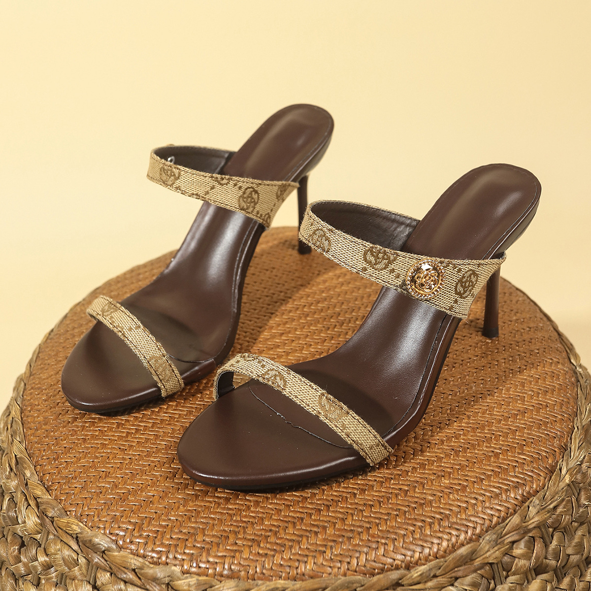 Free shipping new hot selling designer women's high-quality luxury printed lace up high-heeled mule sandals with exposed toes