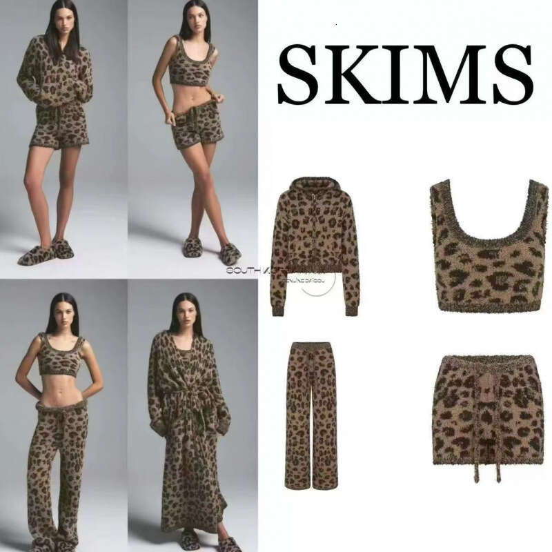 Limited Edition Christmas Leopard Print Fuzzy Knit Loungewear Set Zip Top Coat Pants Vest Shorts with Cute Ears for Women MAKOUFEI