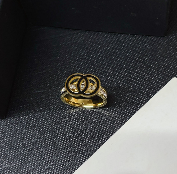 Ring Fashion Designer Ring For Women Luxury Black Letter Ring High Quality Titanium Steel Square Diamond Ring Black Enamel Zircon 18K Gold Plated Jewelry Ring Gifts