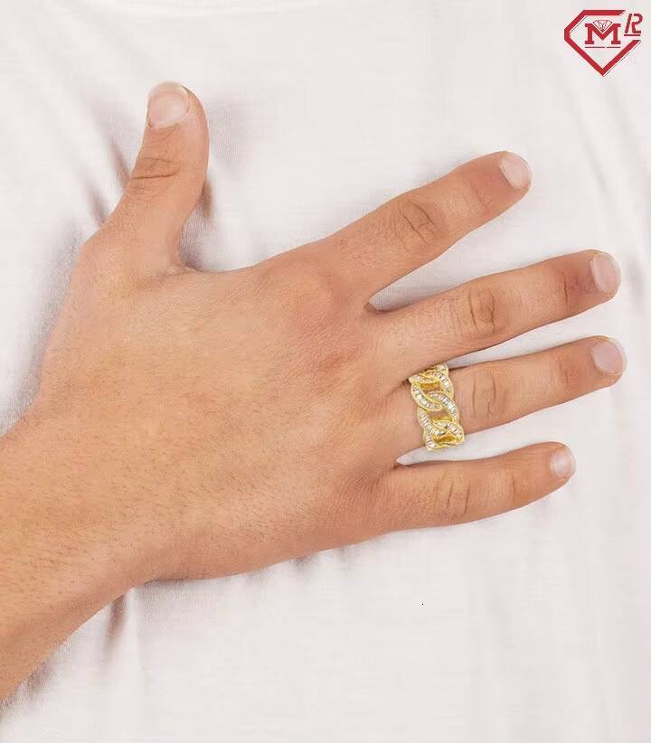 Iced Out Moissanite Cuban Link Ring Hiphop Cuban 925 Sterling Silver Baguette Moissanite Ring Men