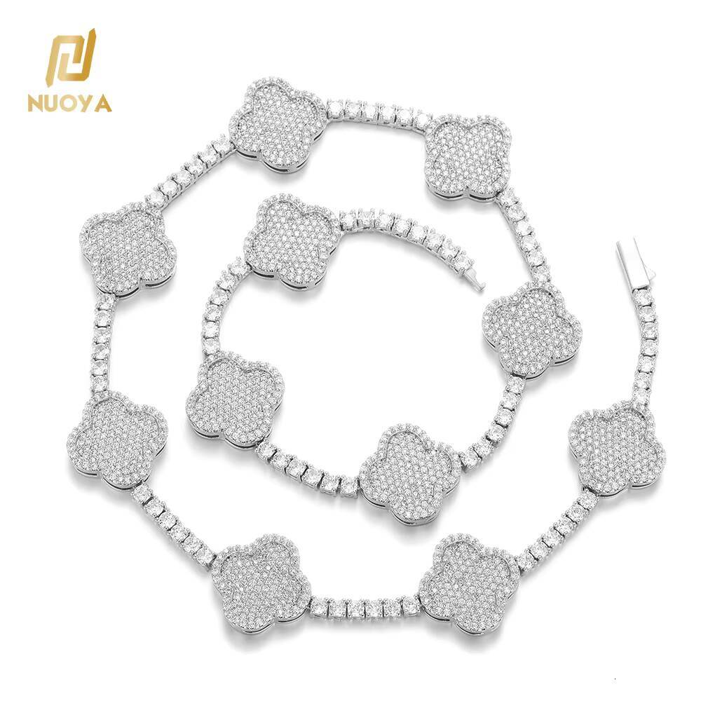 NUOYA 925 Silver VVS Moissanite Four-Leaf Clover Tennis Chain Necklace Luxury Bling Diamond Necklace Hip Hop Jewelry for Women