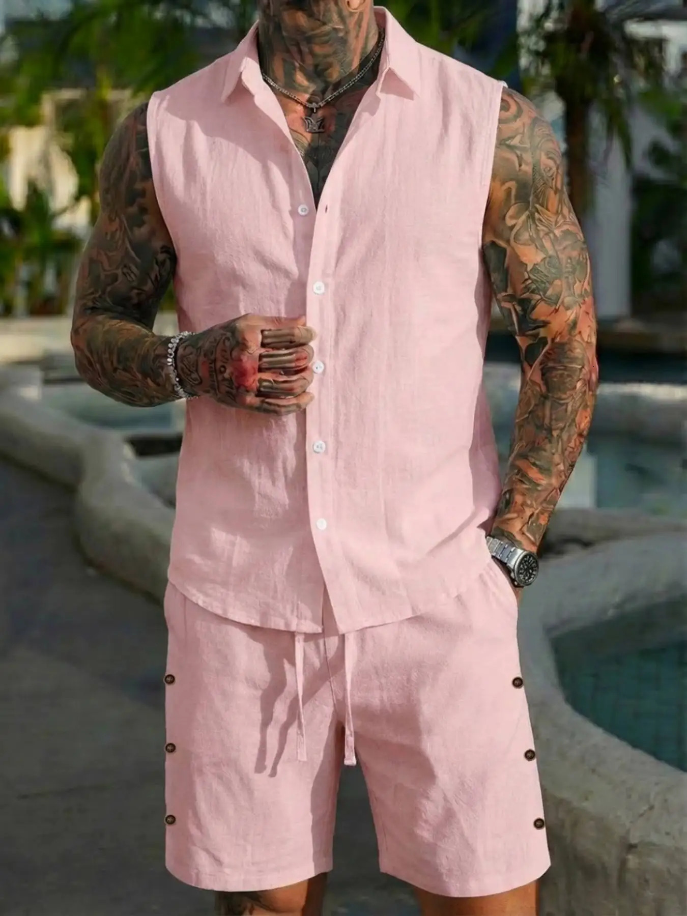 Summer linen shirt set for men casual outdoor twopiece home wear pajamas comfortable and breathable beach shortsleeved 260414