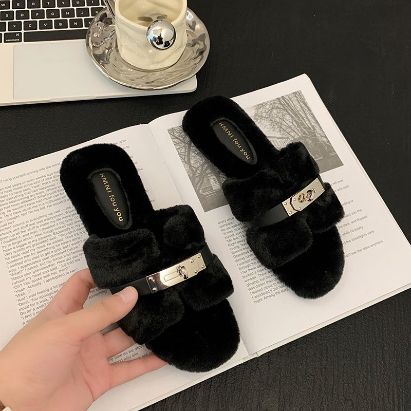 Light Luxury Versatile Flat Black High-End Fuzzy Women, Suitable For Early Autumn, New Fashionable One-Word Cotton Slippers