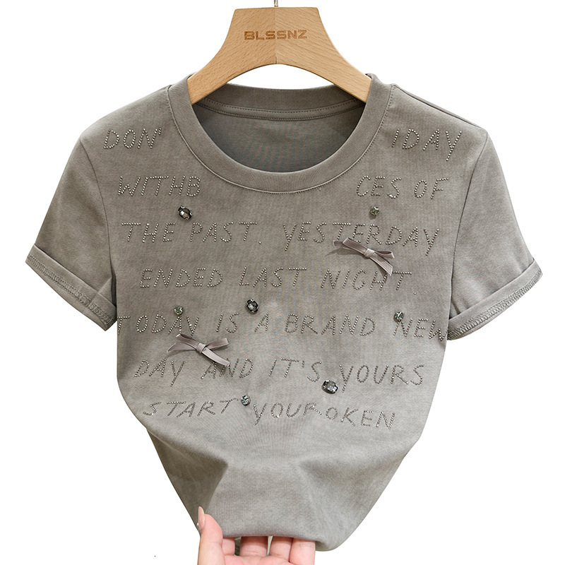 Heavy-duty rhinestone letter print short-sleeve t-shirt for women summer style slimming and age-reducing fitted round-neck top 260418 - view 6