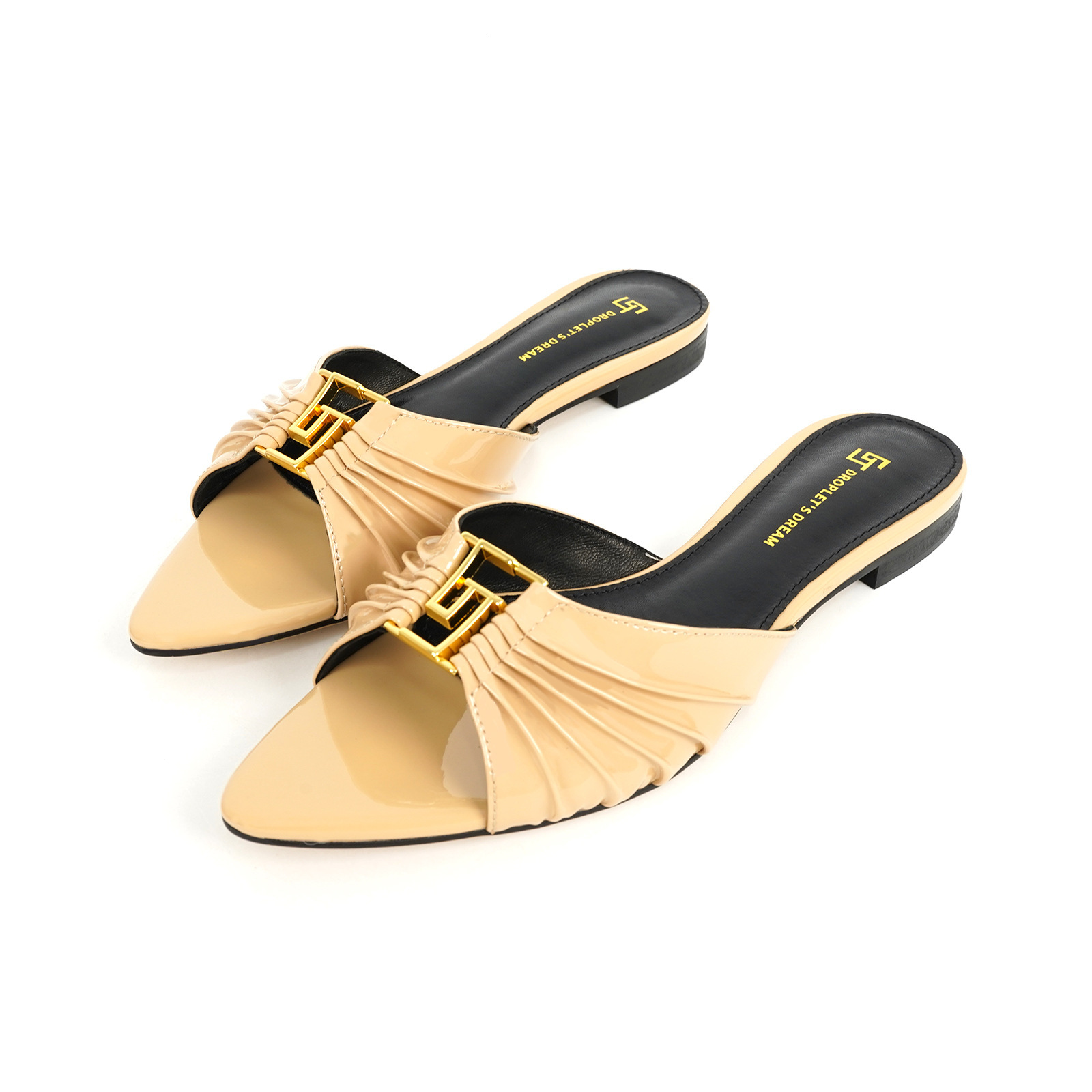 Women Classic Red Metal Buckle Slide Mules, Pointed Toe Pleated Flat Casual Outdoor Daily Dress Slippers