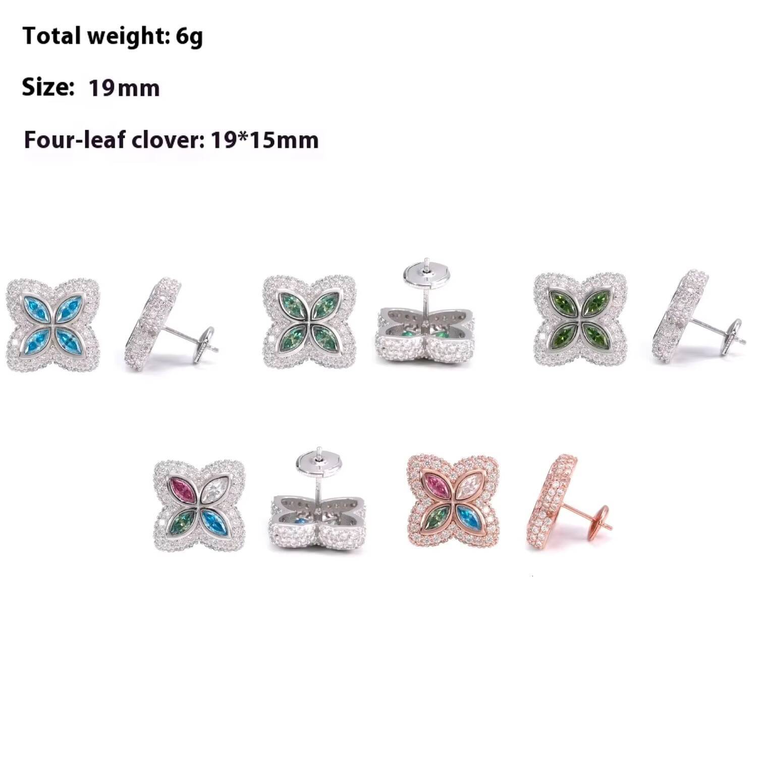 High-End 925 Silver Inlaid Colorful Moissanite Four-Leaf Clover Stud Earrings Diamond Test Pen Approved