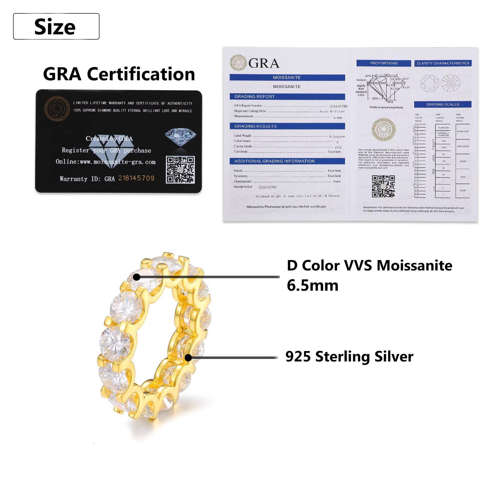 Pass Diamond Tester 1 Row 65mm Moissanite Eternity Ring White Gold Plated 925 Sterling Silver VVS Fine Wedding Jewelry for Men