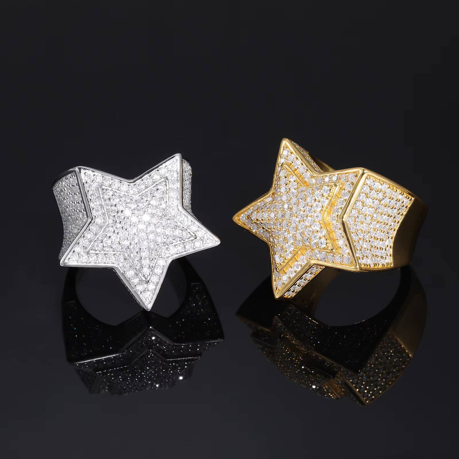 Pass Diamond Tester Moissanite Star Ring Gold Plated 925 Sterling Silver VVS Mossanite Iced Out Hip Hop Jewelry for Men Women