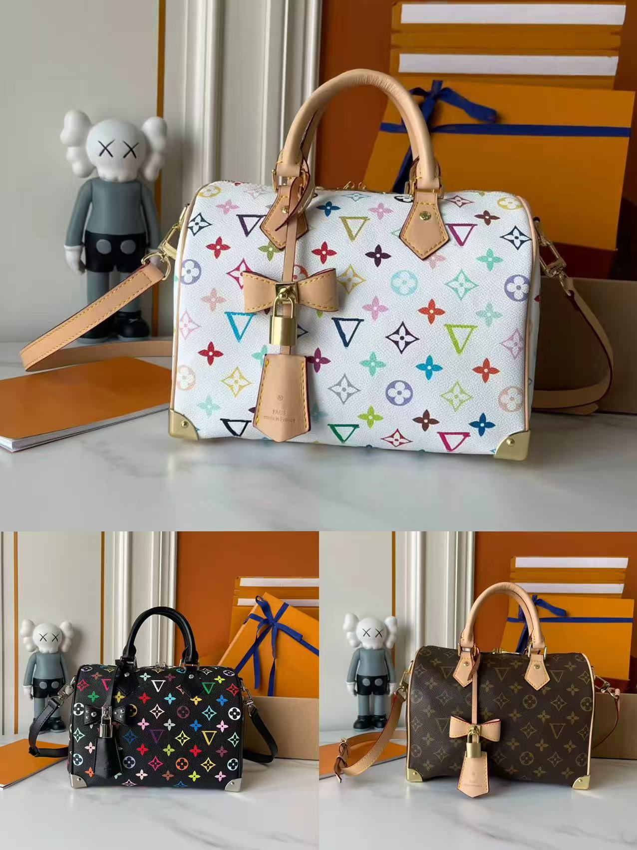Designer bag Monogram canvas and cowhide trimmed with vintage flowers in 33 vibrant colors, showcasing white tri color and black color, launching a travel handbag