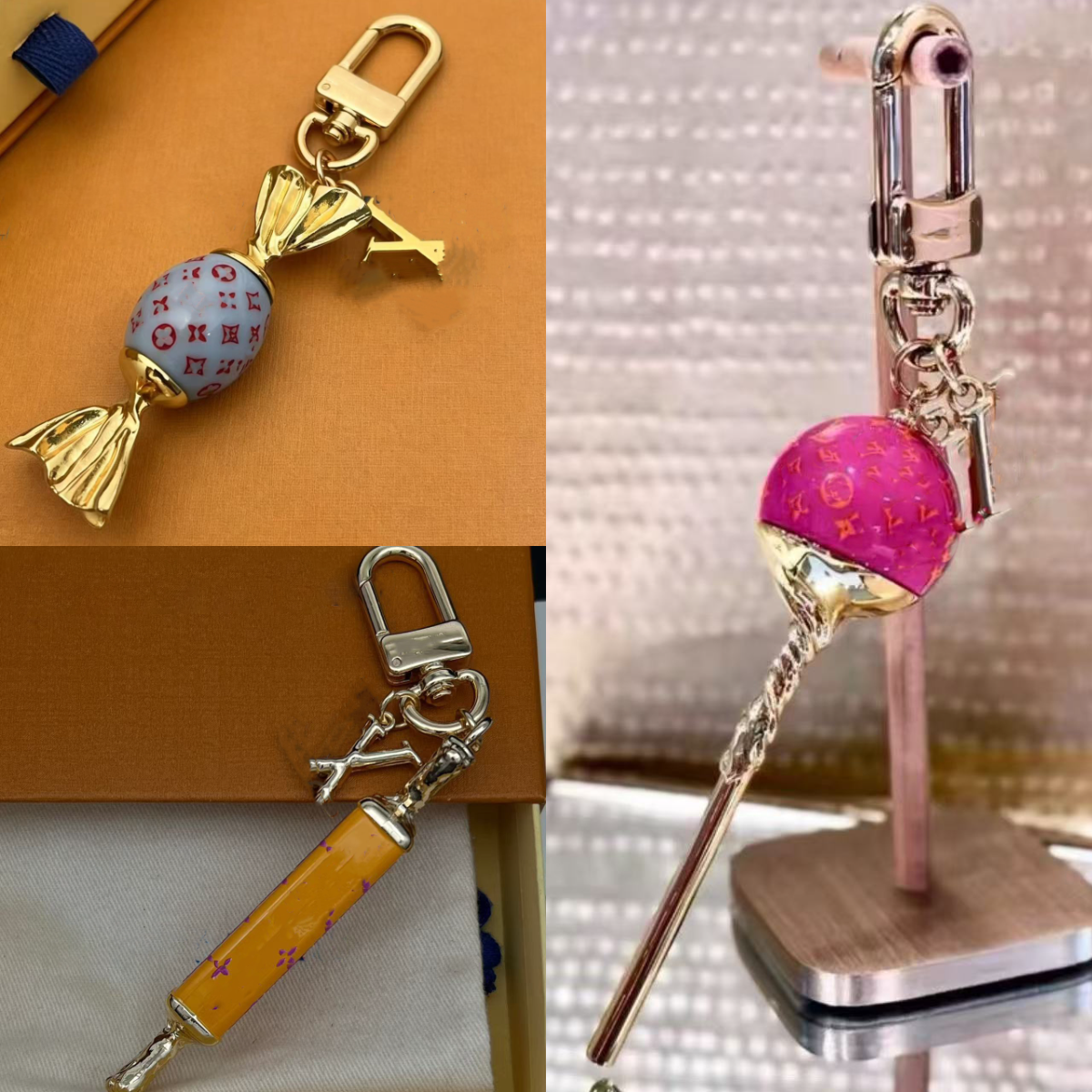 Designer Sweets Bag Charm Woman Blue Sugar Colorful Lollipop Keychain Purse Charm Shiny Gold Colored Chain Keyring Childhood Pleasures Gift M03517 M03518 M03519