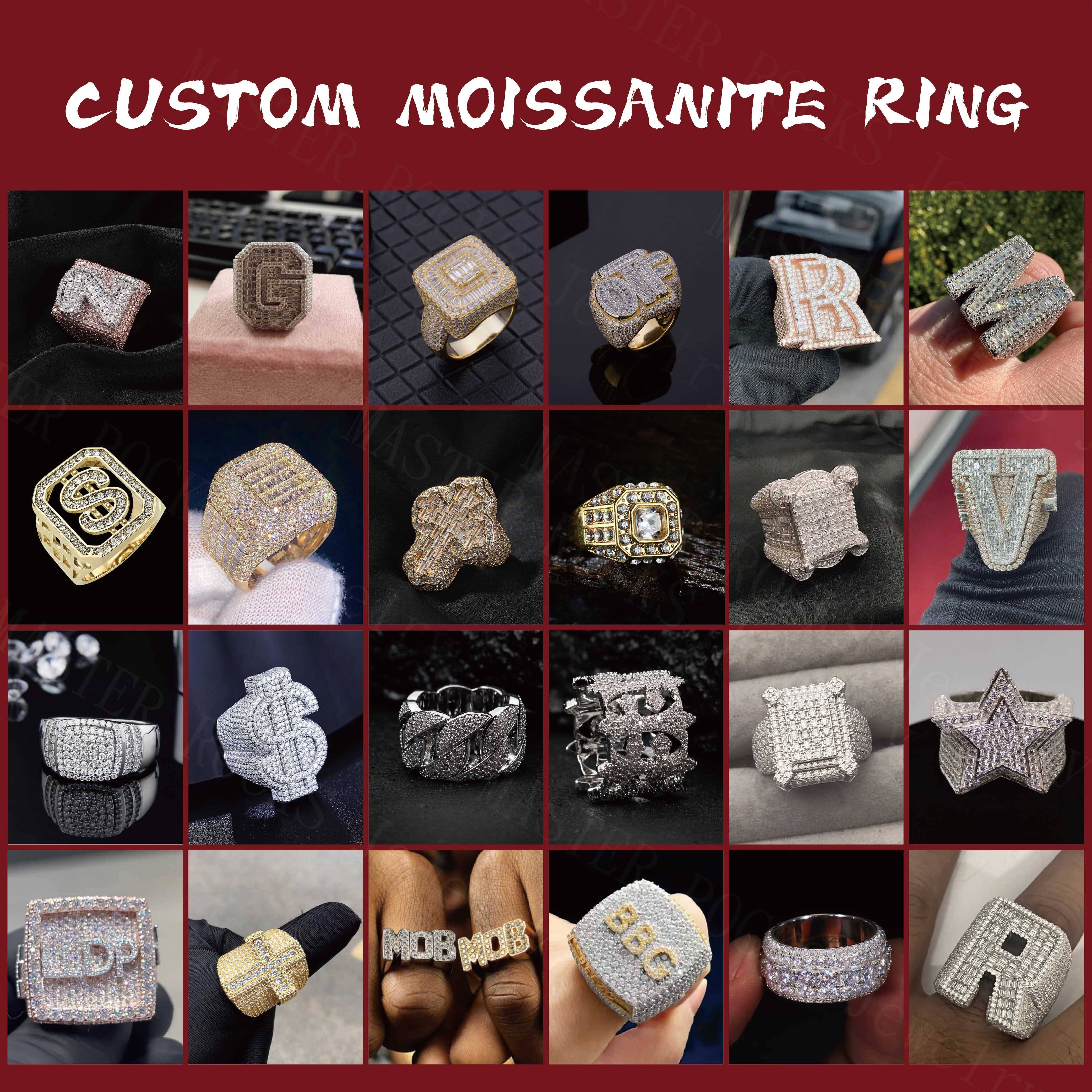 Hot Sale Custom Hip Hop Men Ring Money Be Rich Baguette Cut Gold Plated 925 Sterling Silver Vvs Moissanite Ring