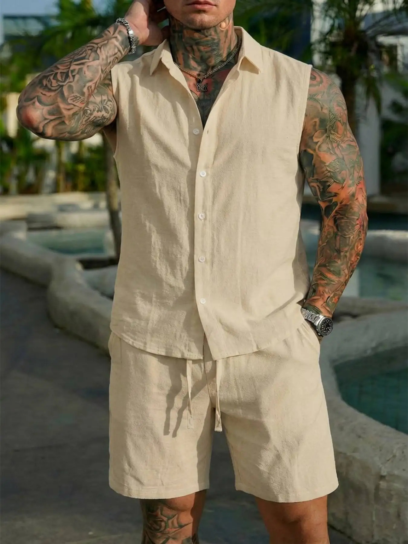 Summer linen shirt set for men casual outdoor twopiece home wear pajamas comfortable and breathable beach shortsleeved 260414