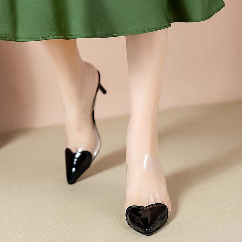 Spring New Fashion Simple Patent Leather Heart-Shaped Pointed Toe Mules For Women, Thin Heel High-Heeled Closed-Toe Sandals