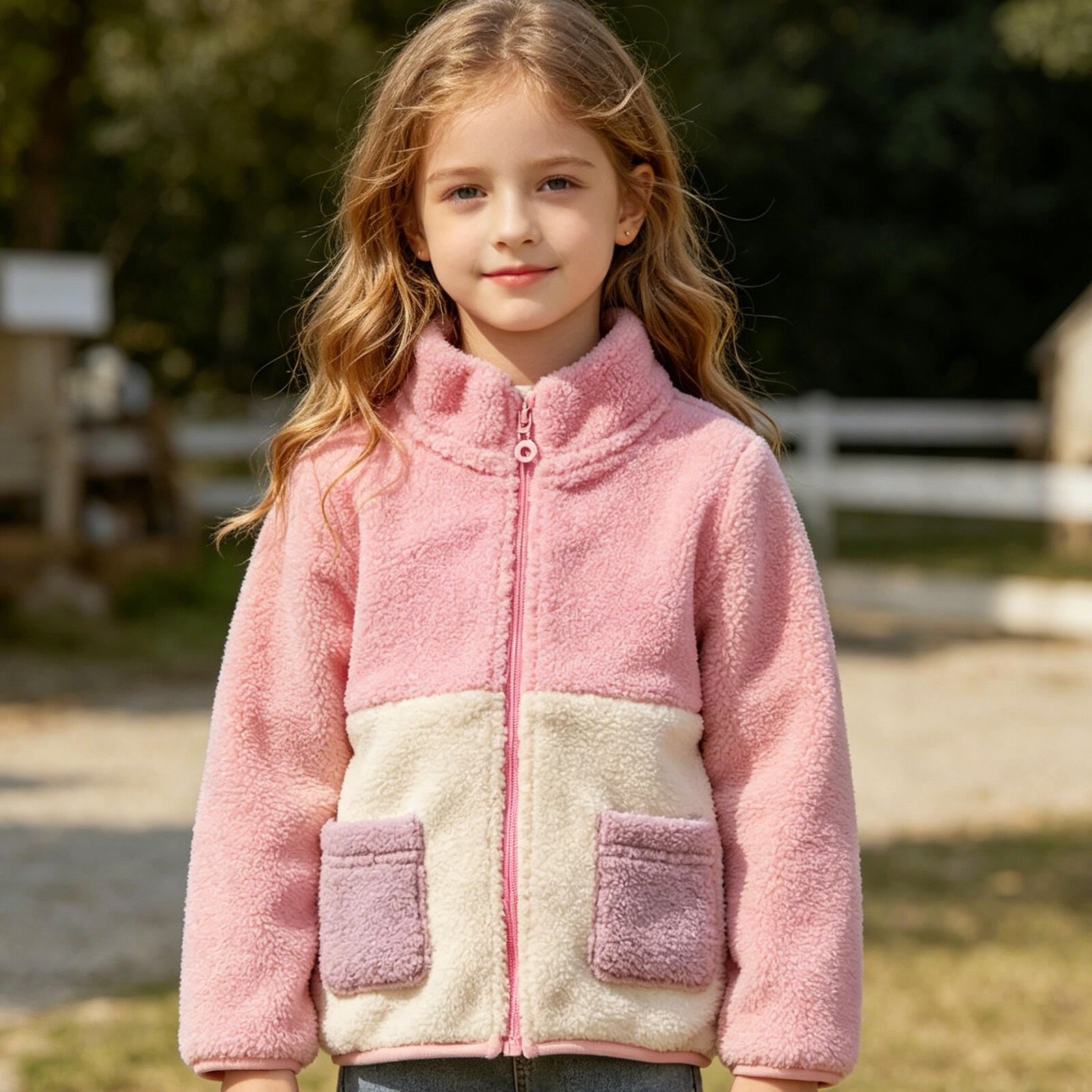 Baby Girls Color Block Sherpa Jacket, Pink & Beige Fleece Zip-Up Coat with Pockets