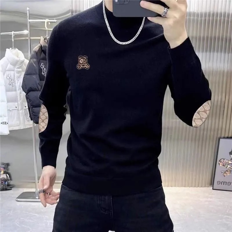 Designer Men's Cashmere Blend Sweater, White Round-Neck Knitwear with Bear Patch Embroidery, Embroidered Cuffs, Long Sleeve Batwing Punk Style - view 4