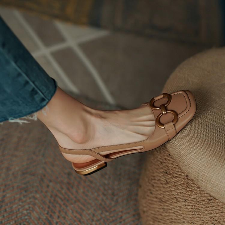 Women's Metal Buckle Slingback Flats Square Toe Closed-Toe Dress Soft Leather Sandals Horsebit Buckle Summer New Retro French Style - view 7