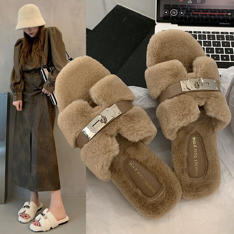 Light Luxury Versatile Flat Black High-End Fuzzy Women, Suitable For Early Autumn, New Fashionable One-Word Cotton Slippers