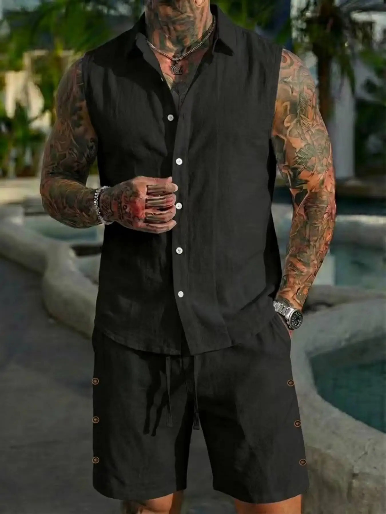 Summer linen shirt set for men casual outdoor twopiece home wear pajamas comfortable and breathable beach shortsleeved 260414