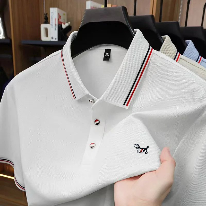 y Man ShortSleeved Polo Shirt Lapel Button SilkContaining Dog Embroidery British Style TShirt Outdoor Leisure Mens Wear 260410