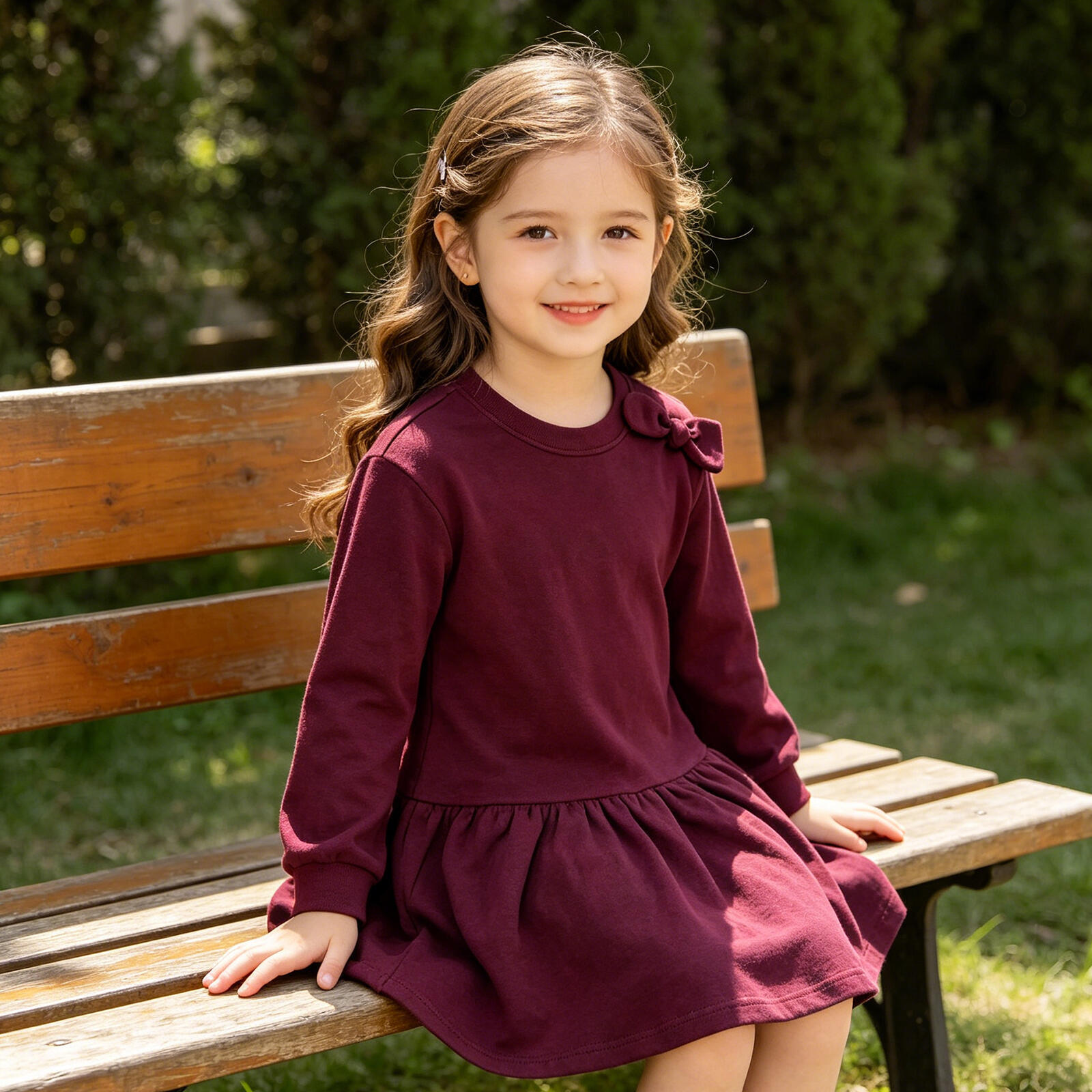 Kids Girls Burgundy Long Sleeve Dress with Bow Detail, Ruffle Hem Casual Sweatshirt Dress