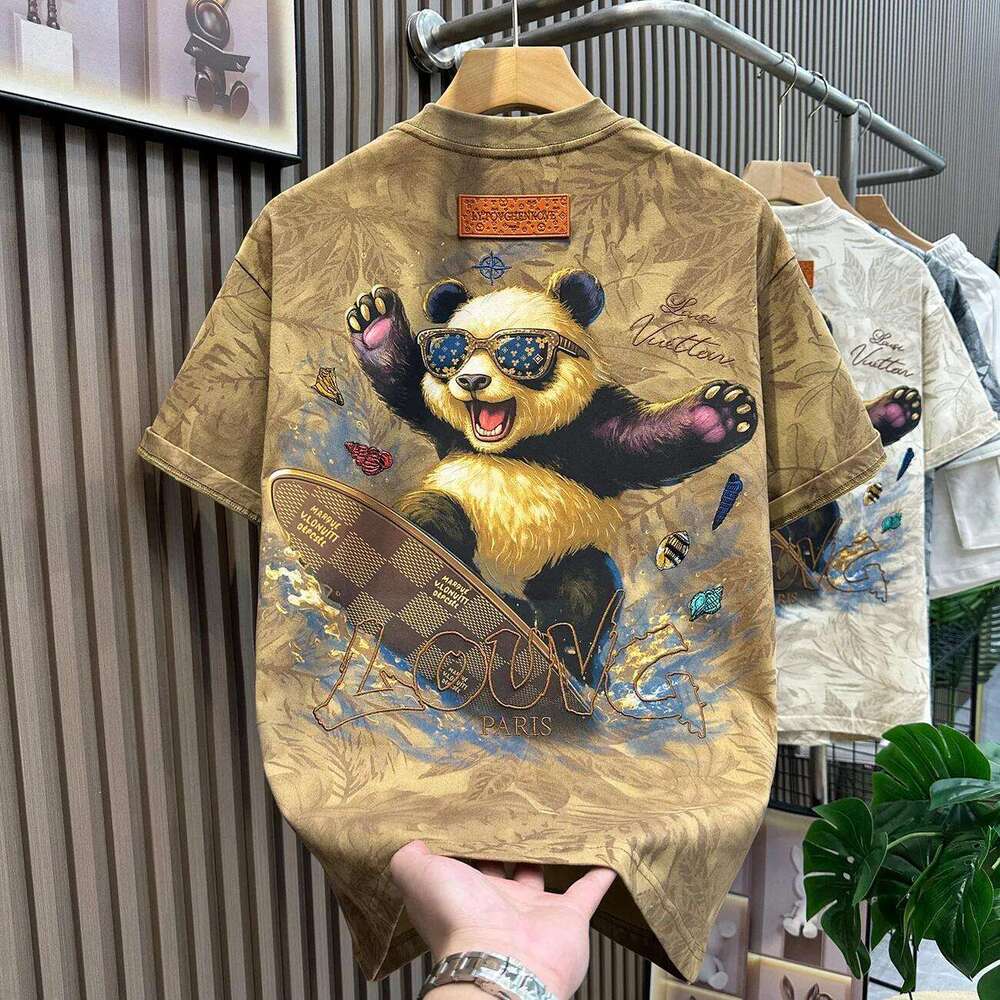 Luxury Brand Designer Clothes Cotton Trendy Brand Panda Surfing Monogram Embroidered Maple Leaf All-Over Print Short-Sleeve T-Shirt For Men, Summer Lo