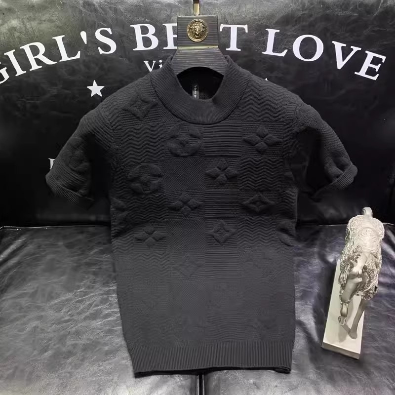 luxury brand designer shortsleeved sweater for men knitted semisleeve base layer round neck jacquard pattern trendy turtleneck top for men