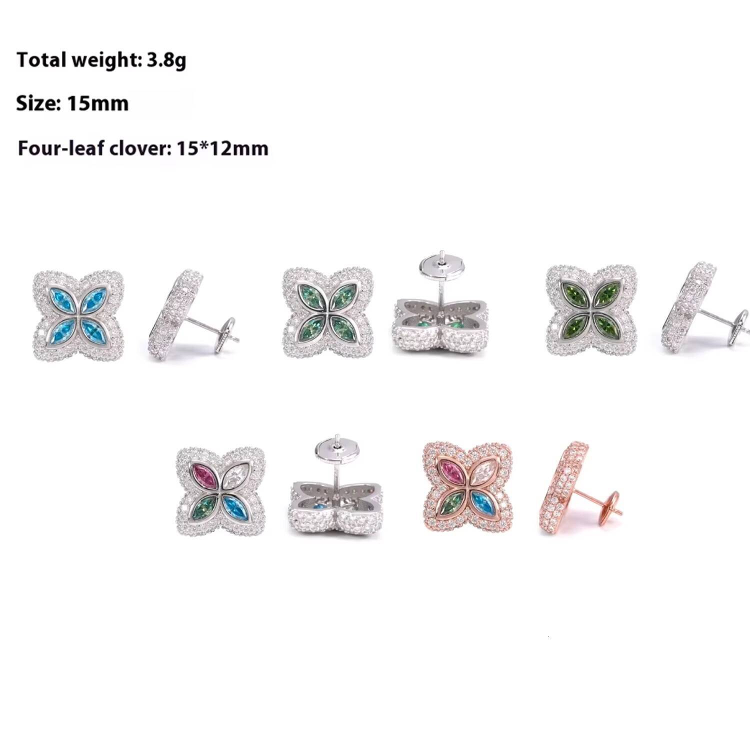 High-End 925 Silver Inlaid Colorful Moissanite Four-Leaf Clover Stud Earrings Diamond Test Pen Approved