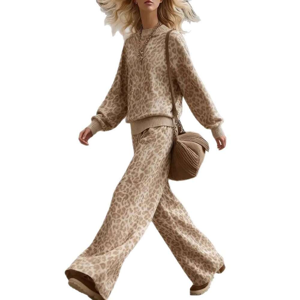 2026 Fall Winter Light Brown Leopard Print Outfits Long Sleeve Slim Sweatshirt Tops Retro Casual Pants Two Piece Set for Women MAKOUFEI