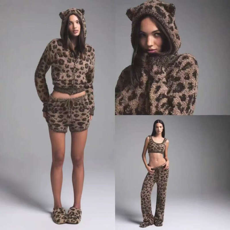 Limited Edition Christmas Leopard Print Fuzzy Knit Loungewear Set Zip Top Coat Pants Vest Shorts with Cute Ears for Women MAKOUFEI