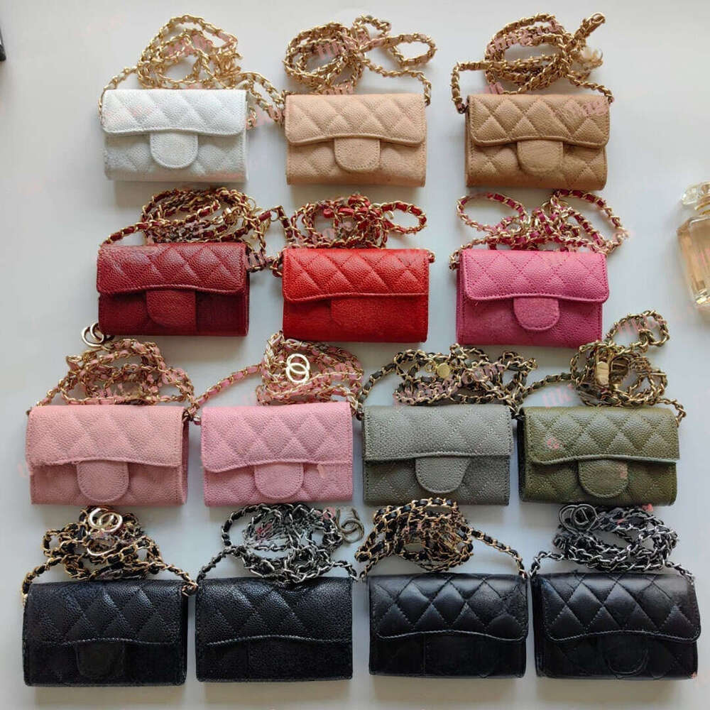 cm High Quality Designer Lambskin Chain Wallet Women Lipstick Bag Coin Purse Caviar Short Card Holder With Box