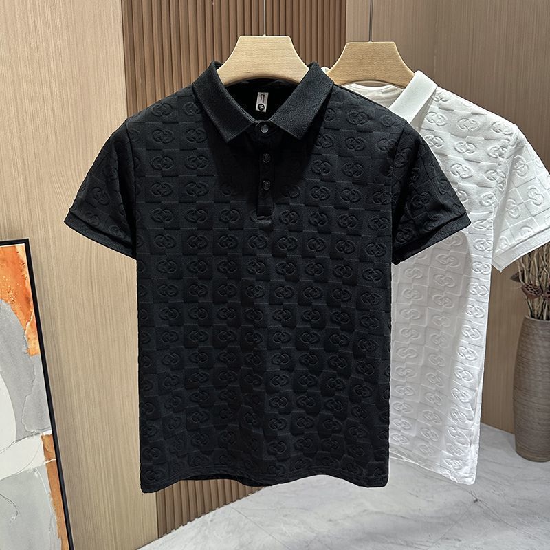designer Tees 2026 Men's Luxury Monogram Embossed Polo Shirt Casual Slim Fit Short Sleeve Button Placket Top