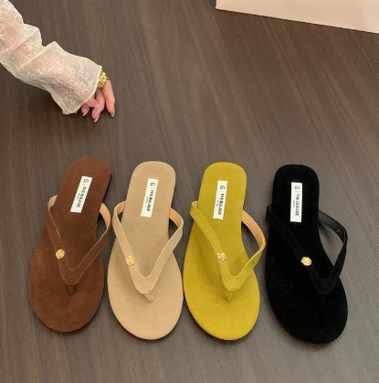 Women Brown Suede Gold Flower Decor Flip Flops, Casual Flat Sole Thong Slippers Summer Outdoor Beach Slide Sandals