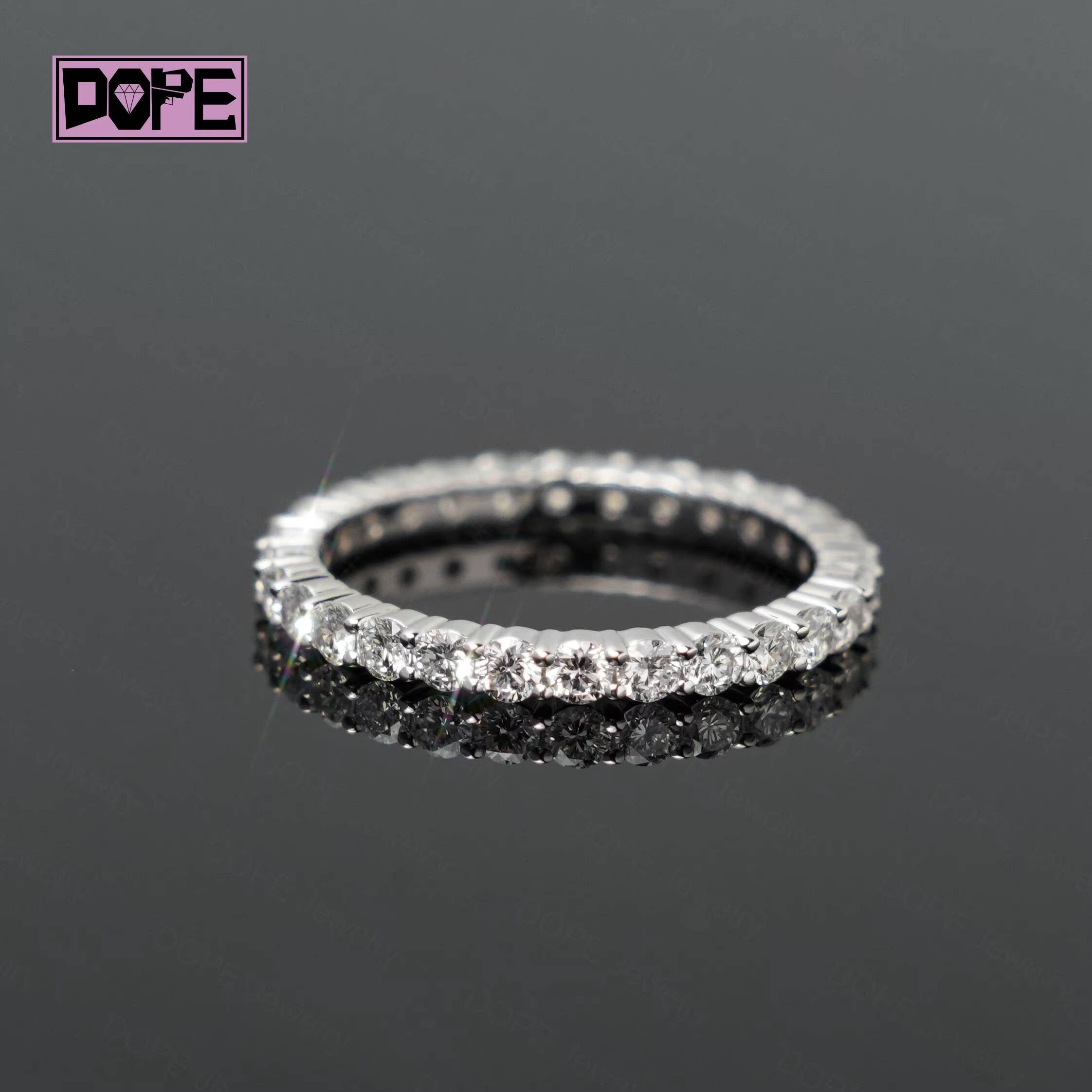IGI Certificate 2mm Lab Grown Diamond Ring 925 Silver 14K White Gold Plated Full Eternity Band HPHT CVD Wedding Ring