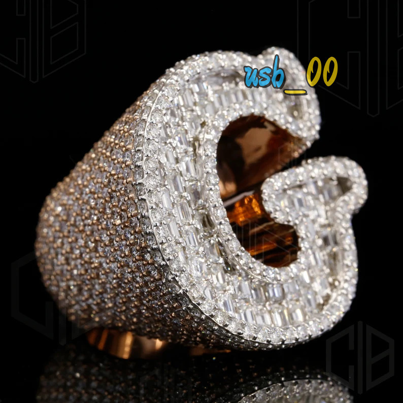 Hiphop Moissanite Letter Ring Men 925 Sterling Silver Custom Letter Iced Out VVS Baguette Diamond Moissanite Ring