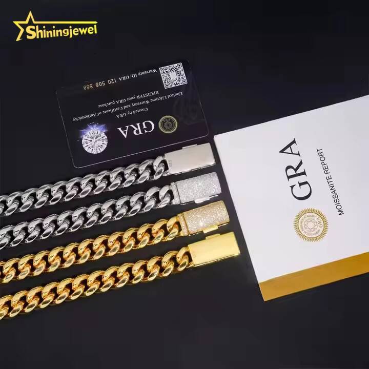 PVD Plated 14MM 316L Stainless Steel Cuban Chains 925 Silver VVS Moissanite Lock Fashion Men Hip Hop Necklace Bracelet