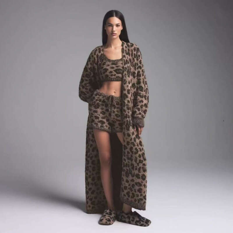 Limited Edition Christmas Leopard Print Fuzzy Knit Loungewear Set Zip Top Coat Pants Vest Shorts with Cute Ears for Women MAKOUFEI