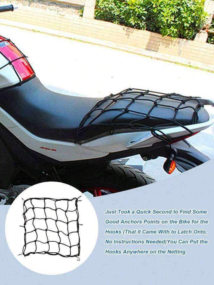 30x30cm Elastic Cargo w/Hooks, Durable Stretch Mesh, Fits Motorcycle/Bike/Electric Scooter Rear Seat/Tank, Fuel Tank Net