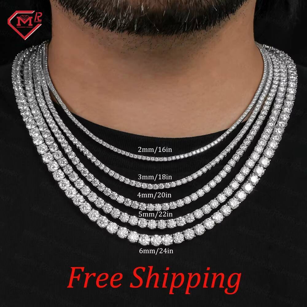 Local Stock 3MM 4MM Moissanite Tennis Chain Hiphop Jewelry 925 Silver Vvs Moissanite Tennis Necklaces