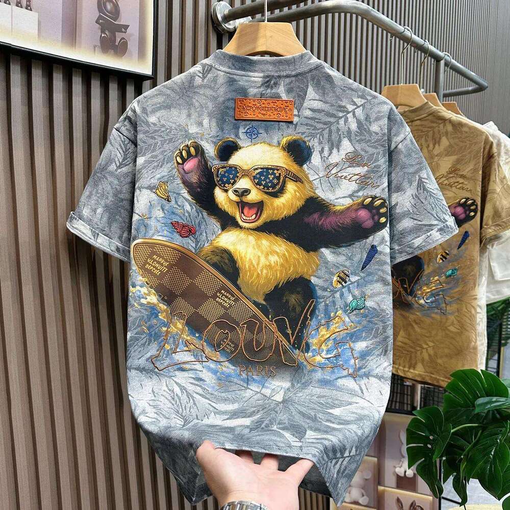 Luxury Brand Designer Clothes Cotton Trendy Brand Panda Surfing Monogram Embroidered Maple Leaf All-Over Print Short-Sleeve T-Shirt For Men, Summer Lo