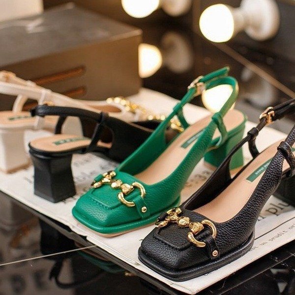 Women's Green Leather Sandals Metal Buckle Square Toe Plus Size Retro Square Toe High Sandals for Women New Style Horsebit Chunky Single Shoes