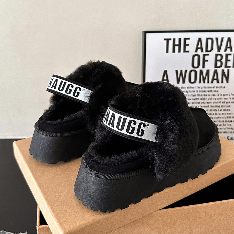 Women's Winter Platform Mules Faux Fur Lined Suede Warm Slippers New Thick-Soled Height-Increasing Snow Boots for Women Closed-Toe Suede Non-Slip