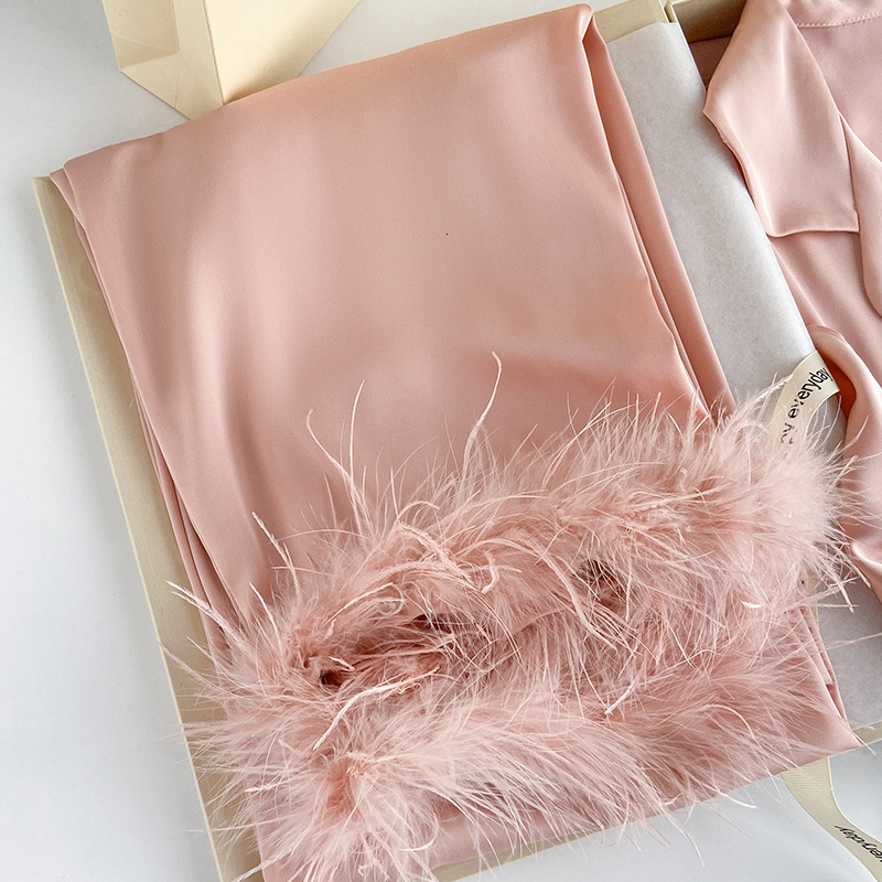 Luxury Brand Designer Womens Removable Feather Ice Silk Satin Pajama Set Long Loungewear Wearable Outside Comfortable Versatile Stylish Chic Premium E