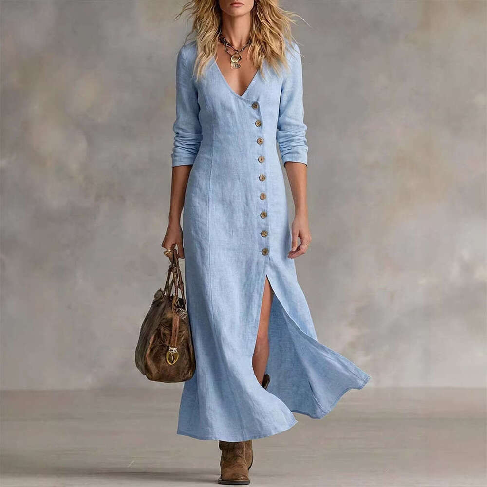 2026 New Spring Summer Casual Fashion Women's Linen Cotton Dress Long Sleeve Button Placket Midi Dress for Amazon Cross-Border MAKOUFEI